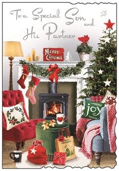 Jonny Javelin Son and Partner Christmas Card - Xmas Tree Living Room & Foil 9x6"