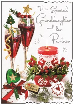 Jonny Javelin Granddaughter & Partner Christmas Card - Glasses & Candle 9x6.25"