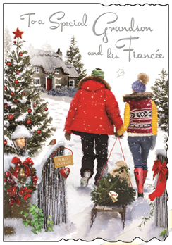 Jonny Javelin Grandson & Fiancée Christmas Card - Couple with Sledge 9x6.25"