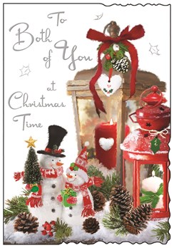 Jonny Javelin Both Of You Christmas Card Lanterns Pine Cones Glitter Foil 9x6.25