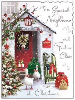 Jonny Javelin Neighbour Christmas Card - Ducks Outside House Foil 7.25x5.5"
