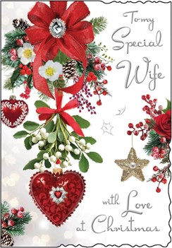 Jonny Javelin Wife Christmas Card - Heart Bauble Mistletoe Flowers Glitter 9x6"