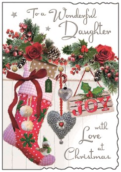 Jonny Javelin Daughter Christmas Card - Stocking & Flowers Glitter Foil 9x6.25"