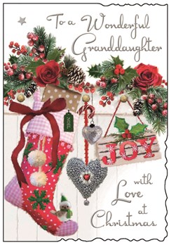Jonny Javelin Granddaughter Christmas Card - Stocking & Flowers Glitter 9x6.25"