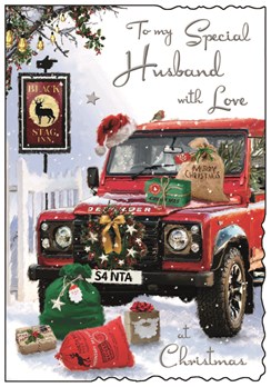 Jonny Javelin Husband Christmas Card - Red Santa Car with Gifts in Snow 9x6"
