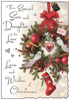 Jonny Javelin Son & Daughter-in-Law Christmas Card - Doves on Wreath 9x6.25"
