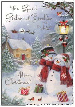 Jonny Javelin Sister & Brother-in-Law Christmas Card -Snowmen Foil 9x6.25"