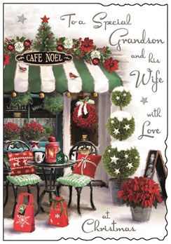 Jonny Javelin Grandson & Wife Christmas Card - Cafe Noel with Glitter & Foil 9x6