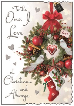 Jonny Javelin One I Love Christmas Card - Doves on Wreath Glitter Foil 9x6.25"