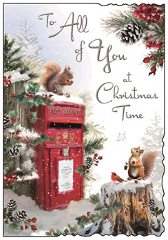 Jonny Javelin All Of You Christmas Card - Post Box Squirrels Holly Foil 9x6.25"