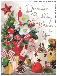 Jonny Javelin December Birthday Christmas Card - Flowers Hot Chocolate 7.5x5.25"