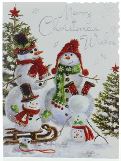 Jonny Javelin Open Christmas Card - Snowmen with Glitter Silver Foil 7.25x5.5"