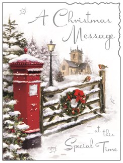 Jonny Javelin Open Christmas Card - Postbox Church & Gate With Foil 7.25" x 5.5"