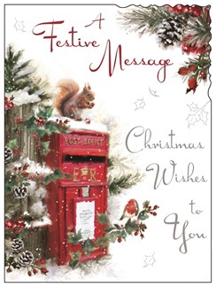 Jonny Javelin Open Christmas Card - Red Post Box Squirrel with Glitter 7.25x5.5"