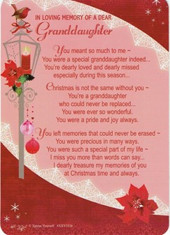 Loving Memory Christmas Graveside Memorial Card - Dear Granddaughter 6.25x4.25" Loving Memory Christmas Graveside Memorial Card - Dear Granddaughter 6.25x4.25"