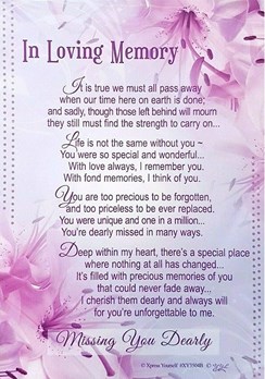 Loving Memory Graveside Memorial Card - Purple Lilies - Missing you Dearly 6x4"