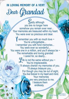 Loving Memory Graveside Memorial Card Blue with Flowers - Dear Grandad 5.75"x4"