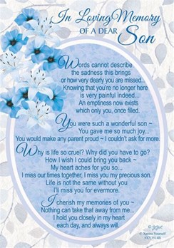 Loving Memory Graveside Memorial Card - Blue and White Dear Son 6x4"
