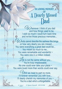 Loving Memory Graveside Memorial Card - Blue with White Lily Missed Dad 6x4"