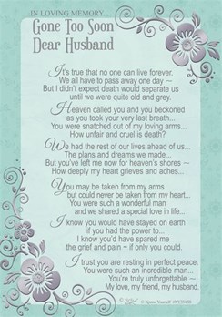 Loving Memory Graveside Memorial Card - Gone Too Soon Dear Husband 5.75" x 4"