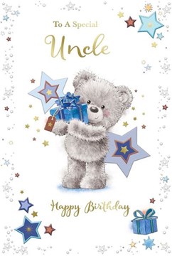 Uncle Birthday Card - Bear with Blue Presents Stars and Gold Foil 9x6"