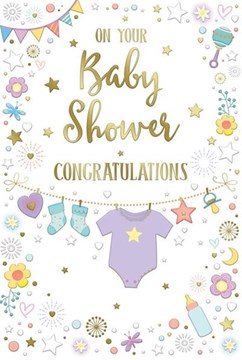 Baby Shower Card - Unisex Boy or Girl Babygro Socks Stars Gold Foil 9x6"