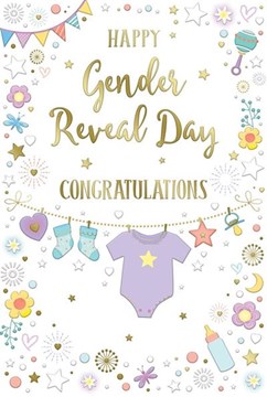 Gender Reveal Card - Unisex Boy or Girl Babygro Socks Stars Gold Foil 9x6"