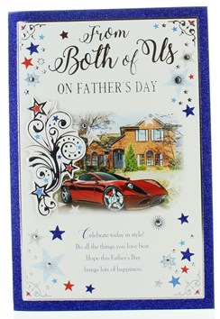 From Both of Us Father's Day Card - Spots Car House Glitter & Silver Foil 9 x 6" From Both of Us Father's Day Card - Spots Car House Glitter & Silver Foil 9 x 6"