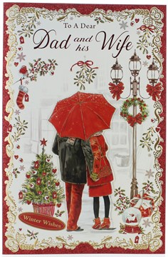 Dad & Wife Christmas Card - Couple with Red Umbrella Tree Glitter & Foil 11x7"