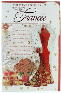 Fiancee Christmas Card - Red Dress Poinsettia Gifts & Gold Foil 11" x 7"