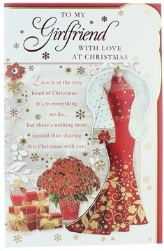 Girlfriend Christmas Card - Red Dress, Poinsettia, Gifts & Gold Foil 10.75" x 7" Girlfriend Christmas Card - Red Dress, Poinsettia, Gifts & Gold Foil 10.75" x 7"