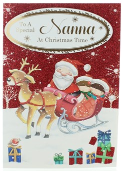 Nanna Christmas Card - Santa & Children on Sleigh with Glitter & Foil 7.75x5.25"