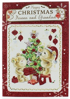 Nanna & Grandad Christmas Card - Cute Santa Bears & Tree With Glitter 7.75x5.25"