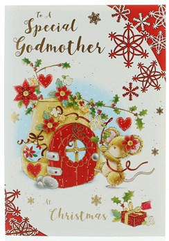 Godmother Christmas Card - Mouse & Little House With Flowers & Gold 7.5" x 5.25" Godmother Christmas Card - Mouse & Little House With Flowers & Gold 7.5" x 5.25"