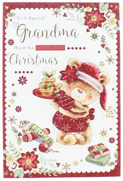 Grandma Christmas Card - Bear in Santa Hat with Mince Pies Glitter & Foil 9 x 6"