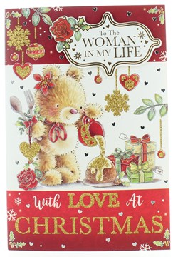 Girlfriend Christmas Card - Cute Bear Xmas Pudding with Glitter and Foil 9"x6"