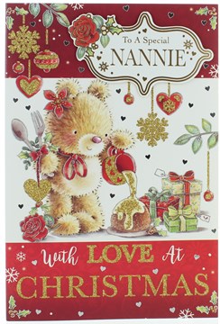 Nannie Christmas Card - Bear, Christmas Cake, Gifts, Glitter & Foil 9" x 6" Nannie Christmas Card - Bear, Christmas Cake, Gifts, Glitter & Foil 9" x 6"