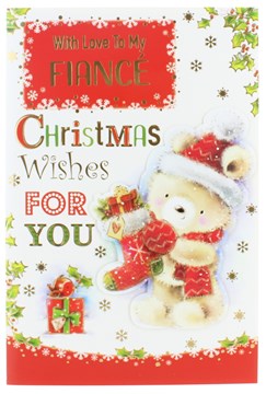 Fiance Christmas Card - Bear in Santa Hat with Stocking of Gifts & Foil  9" x 6"