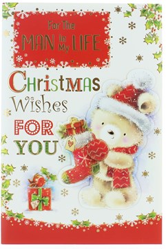 Man In My Life Christmas Card - Bear in Santa Hat with Stocking & Gold Foil 9x6"