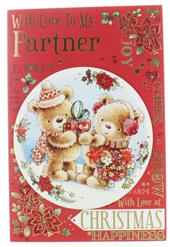 Partner Christmas Card -  Bears with Gifts Poinsettia Glitter & Foil 9 x 6"