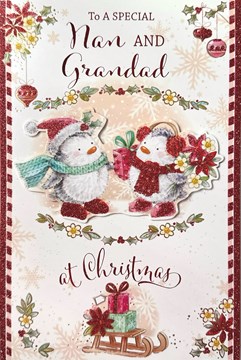 Nan & Grandad Christmas Card - Penguins Holding Gift with Glitter and Foil 9x6"
