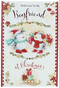 Boyfriend Christmas Card Penguins in Scarves Poinsettia Glitter & Foil 9" x 6"