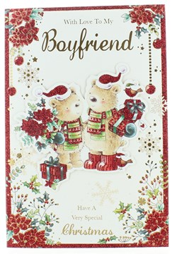 Boyfriend Christmas Card - Bears in Santa Hats with Gifts Glitter & Foil 9 x 6" Boyfriend Christmas Card - Bears in Santa Hats with Gifts Glitter & Foil 9 x 6"