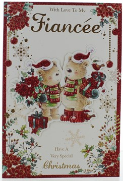Fiancee Christmas Card -Bears in Santa Hat With Gifts Poinsettia & Glitter  9x6"