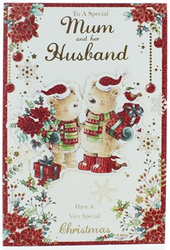 Mum & Husband Christmas Card - Bears in Santa Hat With Gifts Poinsettia 9 x 6" Mum & Husband Christmas Card - Bears in Santa Hat With Gifts Poinsettia 9 x 6"