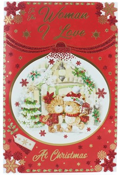 Woman I Love Christmas Card - Bears with Gifts in 3D Bauble with Glitter 9" x 6"