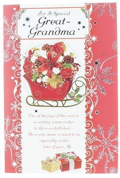 Great Grandma Christmas Card - Flowers in Sleigh with Gold Silver Foil 9" x 6" Great Grandma Christmas Card - Flowers in Sleigh with Gold Silver Foil 9" x 6"