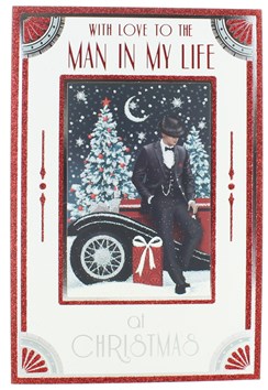 Man In My Life Christmas Card - Man In Suit By Red Car Gift Glitter & Foil 9x6"