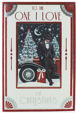 One I Love Christmas Card - Man in Suit & Hat by Car with Gifts & Foil 9" x 6"