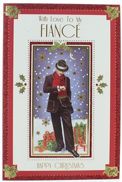 Fiance Christmas Card - Man in Suit, Hat & Scarf with Gifts Foil Detail 9" x 6"